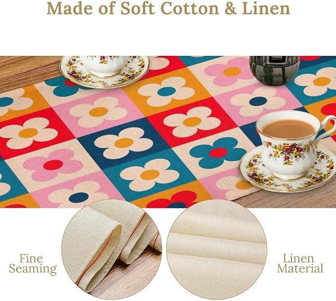 Retro Floral Checkered Table Runner Vintage Gardern Flowers Groovy Trendy Hippie Grid Farmhouse Country Dinner Runner for Home Kitchen Dining Table Party Holiday Decor 13"x108"
