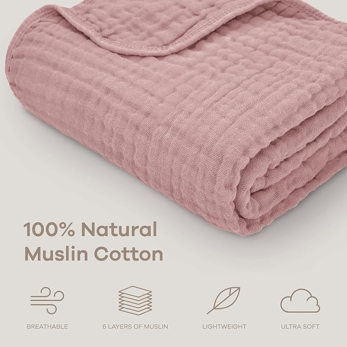 Comfy Cubs Muslin Baby Blanket - Soft, Lightweight, 6-Layer Cotton Swaddle Blankets for Newborns, Infants & Toddlers - 40" x 40" Large, Breathable & Versatile for Sleeping & Tummy Time - Mauve