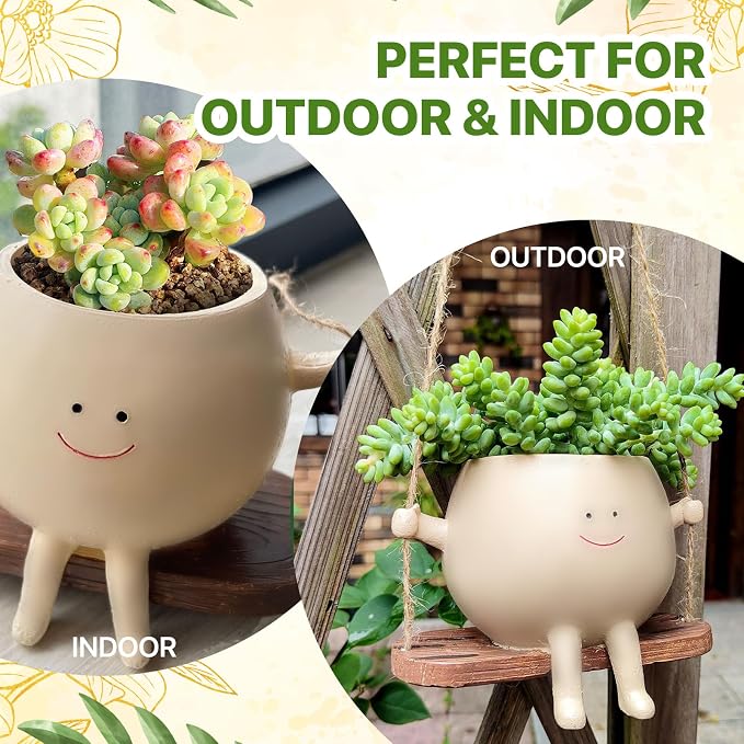 1 PC Swinging Face Plant Pots 【2025 THICKEN VERSION】Unique Cute Hanging Succulent Cactus Flower Head Resin Planters Pots for Indoor & Outdoor, Creative Novelty Decorative Planter Gift for Home Garden