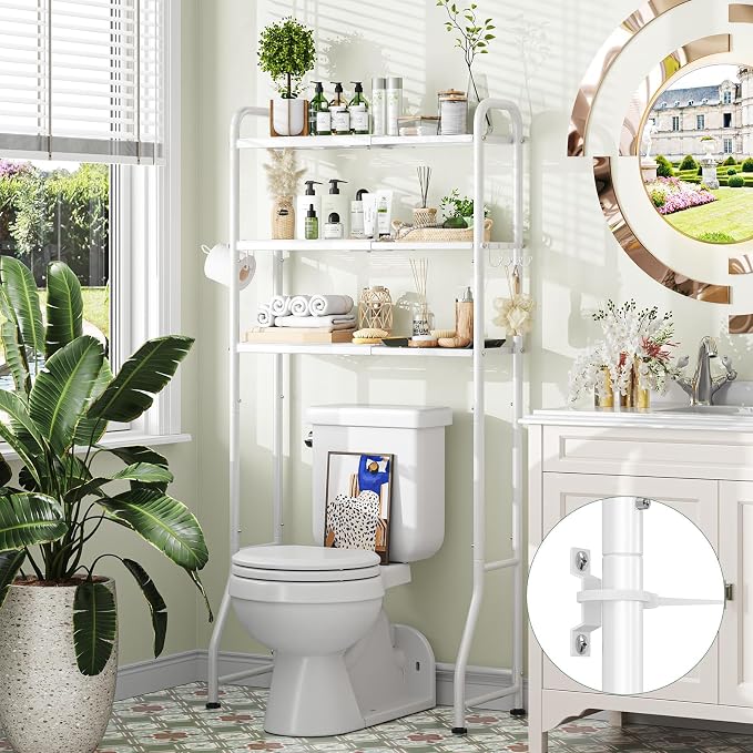 Simple Trending Expandable Over The Toilet Storage Rack, Metal 3 Tier Bathroom Organizer Shelf with Paper Holder and 3 Hooks, White