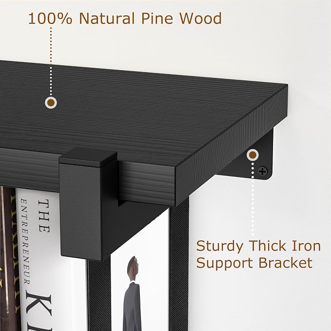 NANATI 2 Set of Floating Bookshelf, Pine Wood Invisible Bookshelf, Hanging Bookshelves for Wall, Unique Space Saving Wall Bookcase, New Black (16.5L×8.7W×1.5H)