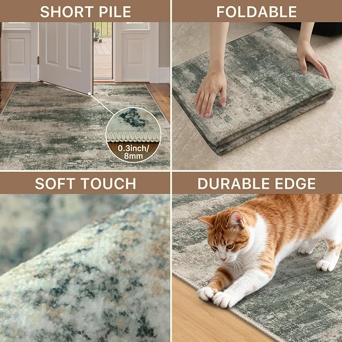 GENIMO 3x5 Rug for Entryway Washable Area Rug, Modern Abstract Small Rugs for Entrance Living Room, Bedroom Beside Rugs, Non-Slip Low Pile Lightweight Soft Carpet, Sage Green Sand