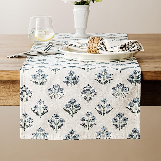100% Cotton Block Print Floral Table Runners, 13x36 Inch Dusty Blue Farmhouse Table Runners 36 Inches Long Boho Flowers Home Decors