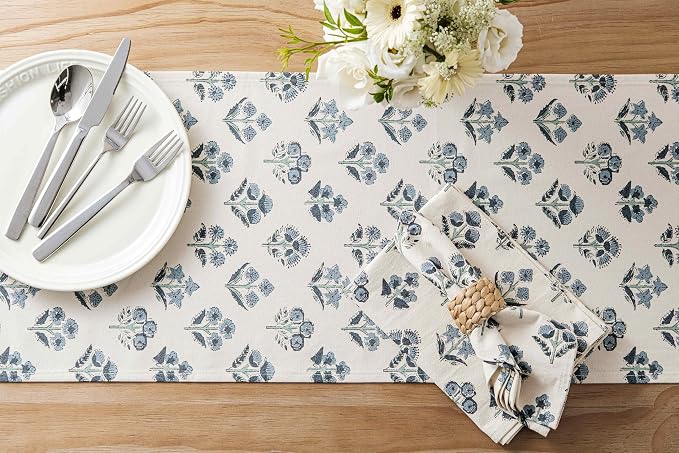 100% Cotton Block Print Floral Table Runners, 13x36 Inch Dusty Blue Farmhouse Table Runners 36 Inches Long Boho Flowers Home Decors