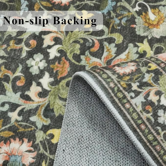 Washable 4x6 Bedroom Rug for Family: Non-Slip Floral Small Carpet for Living Room Kitchen Boho Low Pile Doormat for Entryway Soft Floor Mat for Nursery College Dorm Essentials for Girls(4x6,Green)
