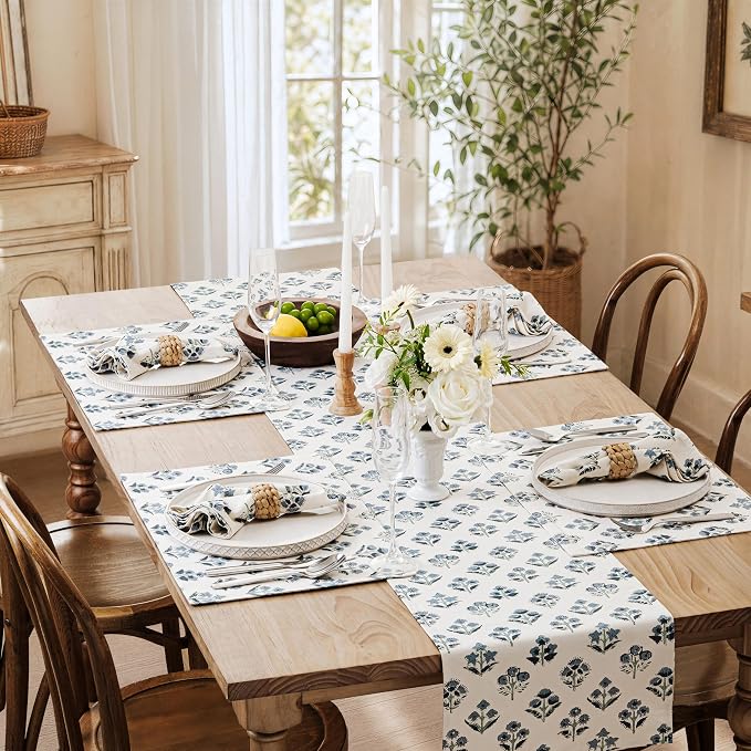 100% Cotton Block Print Floral Table Runners, 13x36 Inch Dusty Blue Farmhouse Table Runners 36 Inches Long Boho Flowers Home Decors