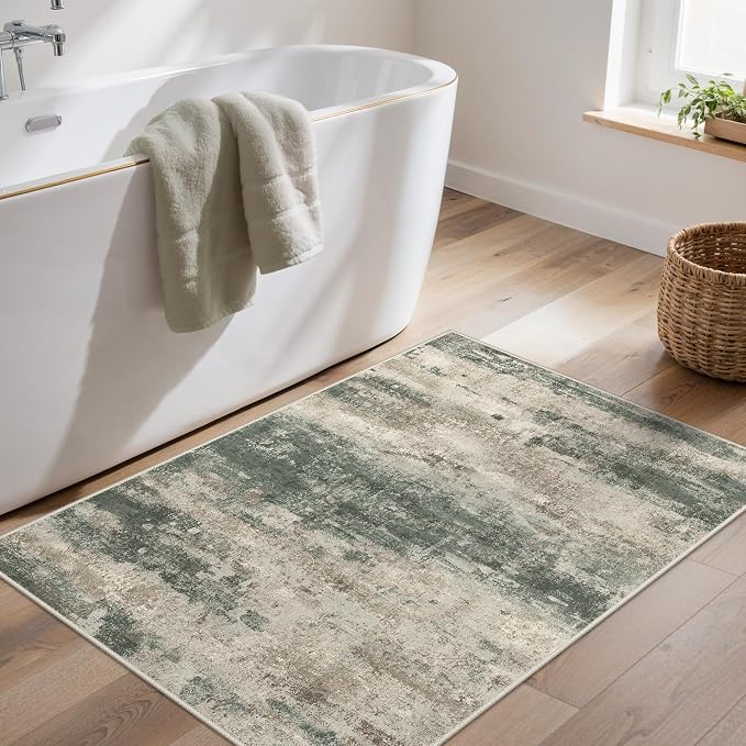 GENIMO 3x5 Rug for Entryway Washable Area Rug, Modern Abstract Small Rugs for Entrance Living Room, Bedroom Beside Rugs, Non-Slip Low Pile Lightweight Soft Carpet, Sage Green Sand