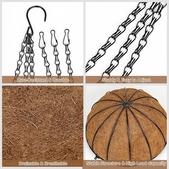 10 Inch Metal Hanging Basket with Coco Coir Liner for Flowers Planting, 2 Pack Hanging Baskets for Plants Outdoor, Round Wire Planters with Chain for Home Patio Porch Balcony Garden Decor