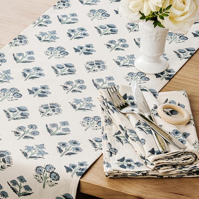 100% Cotton Block Print Floral Table Runners, 13x36 Inch Dusty Blue Farmhouse Table Runners 36 Inches Long Boho Flowers Home Decors