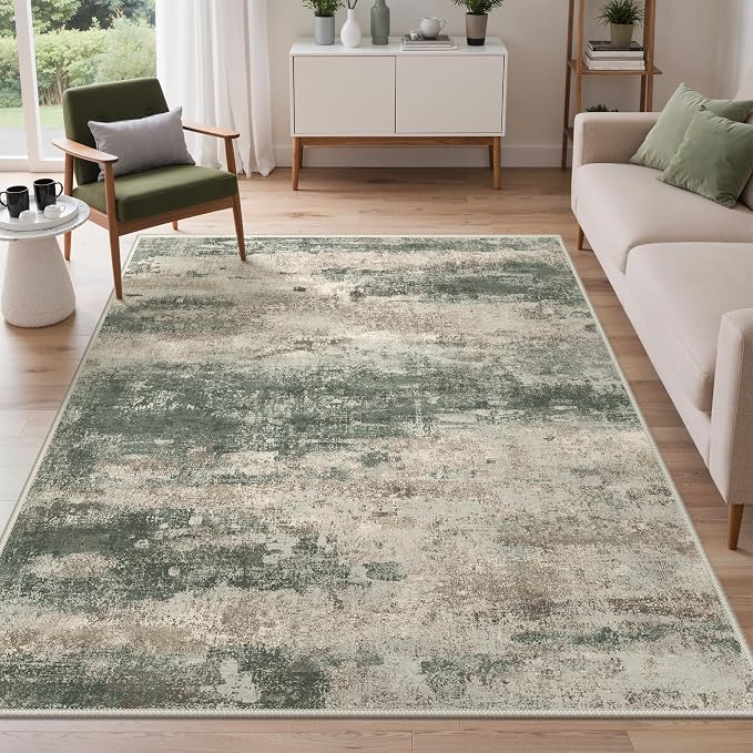GENIMO 3x5 Rug for Entryway Washable Area Rug, Modern Abstract Small Rugs for Entrance Living Room, Bedroom Beside Rugs, Non-Slip Low Pile Lightweight Soft Carpet, Sage Green Sand