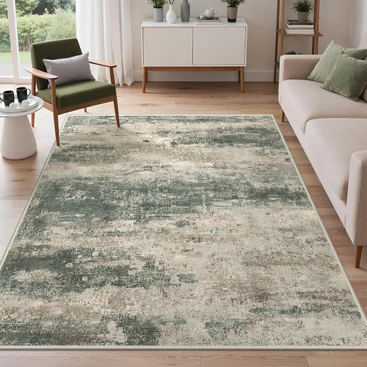 GENIMO 3x5 Rug for Entryway Washable Area Rug, Modern Abstract Small Rugs for Entrance Living Room, Bedroom Beside Rugs, Non-Slip Low Pile Lightweight Soft Carpet, Sage Green Sand