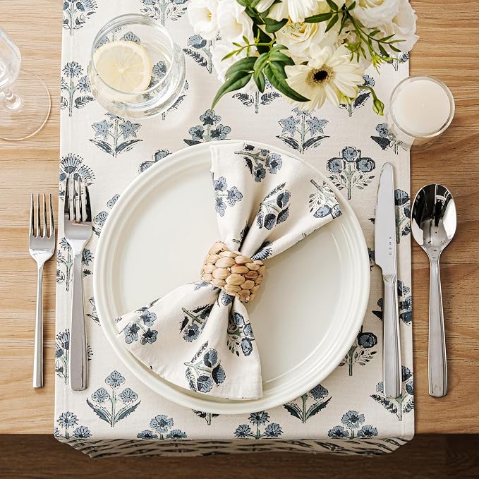 100% Cotton Block Print Floral Table Runners, 13x36 Inch Dusty Blue Farmhouse Table Runners 36 Inches Long Boho Flowers Home Decors