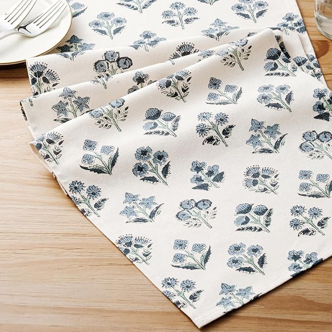 100% Cotton Block Print Floral Table Runners, 13x36 Inch Dusty Blue Farmhouse Table Runners 36 Inches Long Boho Flowers Home Decors